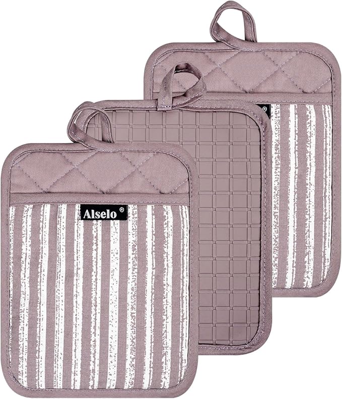 Silicone Pot Holders Set of 3 Heat Resistant & Non Slip Potholders, Professional Oven Hot Pads with Pockets Mitts for Kitchen Cooking Baking Barbecue (3, Purple)