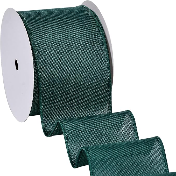 Ribest Forest Green Linen Wired Ribbon, 2.5 Inch × 10 Yard, Burlap Wire Ribbon for Wreaths Bows Making Crafts Christmas Tree Decoration Gift Wrapping