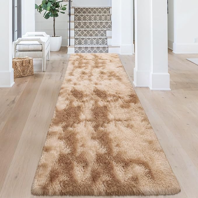 3x10 ft Plush Tie Dyed Light Brown Rug Soft Bedroom Runner Fluffy Cream and Brown Rug for Bedroom Bedside Living Room Hallway Nursery Kids Home Decor Shag Carpet