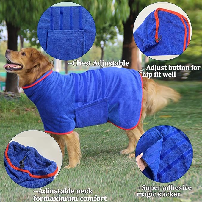 HhiMyOct Dog Drying Coat - Fast Drying Dog Towel Robe - Microfiber Super Absorbent Pet Bathrobe, Adjustable Collar & Belly Strap Fast Drying Coat Pet Dog Cat Bath Robe Towel