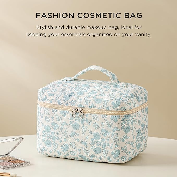 HBselect Christmas Gifts Large Quilted Makeup Bag, Cute Cotton Travel Makeup Bag with Handle, Portable Coquette Floral Make up Bags, Toiletry Organizer Make up Bags for Women Teen Girls Mom