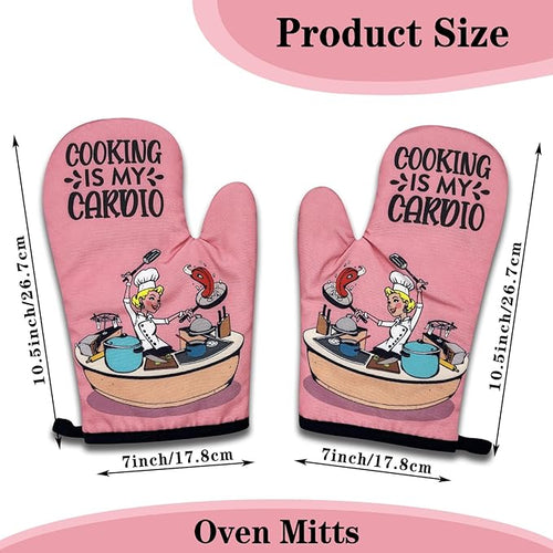 2 Pack Funny Oven Mitts for Women, Cooking is My Cardio, Heat Resistant Silicone Non-Slip Mitts, Sweet Housewarming Gifts for Baker Chef Cooking Lovers, Hostess Gifts for Mom Wife Sister