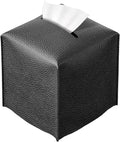 REGELETO Square Tissue Box Cover, Pu Leather Tissue Box Holder with Bottom Belt Modern Stylish Tissue Box Organizer for Bathroom, Bedroom, Hotel, Office Desk 5"X5"X5" (Black)