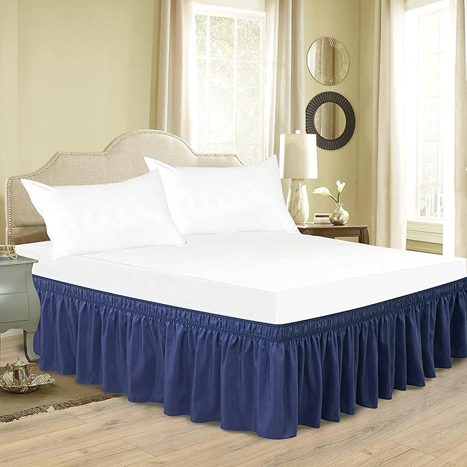 Biscaynebay Wrap Around Bed Skirts for King & Cal King Beds Short Drop of 12", Navy Adjustable Elastic Dust Ruffles Easy Fit Wrinkle Resistant Silky Luxurious Fabric Machine Washable
