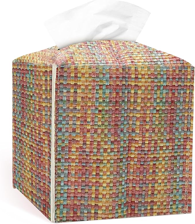 Tissue Box Cover, PU Leather Tissue Box Holder with Bottom Belt, Modern Square Tissue Box Covers with Wide Opening (Dark Mix Color, Woven Patterns)