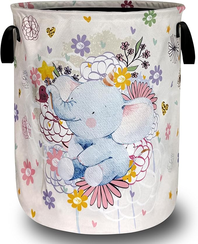 Cute Elephant Laundry Basket Oxford Cloth Colorful Flowers Animal Laundry Hamper With Handle Portable Clothes Storage Basket Foldable Funny Laundry Bag 18.9"x16.5" For Laundry Room/Bedroom/Bathrooms
