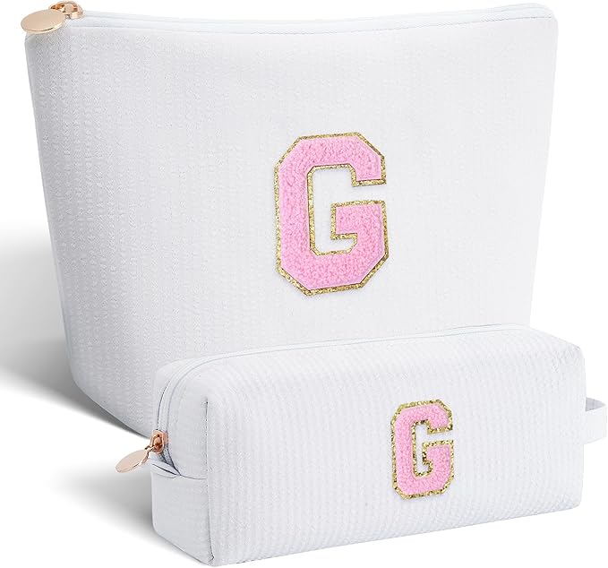 Btffitting Personalized Makeup Bag for Women Girls - Fashion Cosmetic Bag Trendy Travel Toiletry Bag with Initials Letter - Teen Gifts - White,G