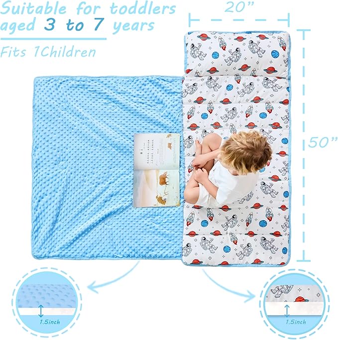 Lasoftan Toddler Nap Mat with Pillow and Blanket, Extra Large Rolled Napping Mats,Slumber Bags for Boys Girls,Kids Sleeping Bag for Daycare, Preschool Travel Camping