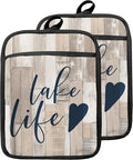 Lake Life Gifts Pot Holders with Pockets, Lake Life House Gifts for Cabin Owners Women Oven Pot Holders Heat Resistant Oven Mitts Hot Pads for Kitchen Baking Cooking (Cream)