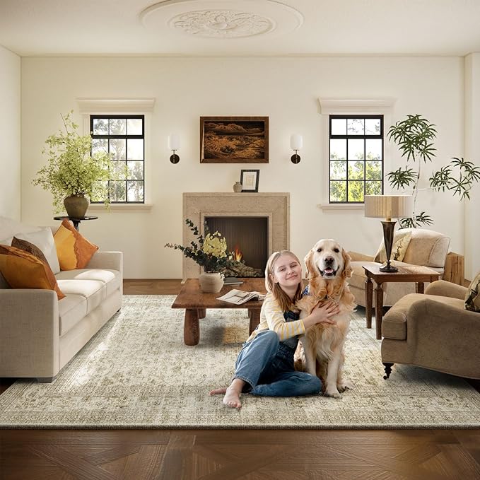 10x14 Area Rug Washable Rugs: Large Living Room Rug Stain Resistant Non Slip Distressed Vintage Low Pile Faux Wool Soft Carpet for Bedroom Farmhouse Dining Room Kids Playroom Nursery