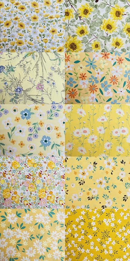 HANPATQUI 50PCS 10 x 10 inch 100% Cotton Fat Quarters Fabric for Sewing and Quilting Bundles Precut Fabric Square for DIY Craft Patchwork-Yellow Printed