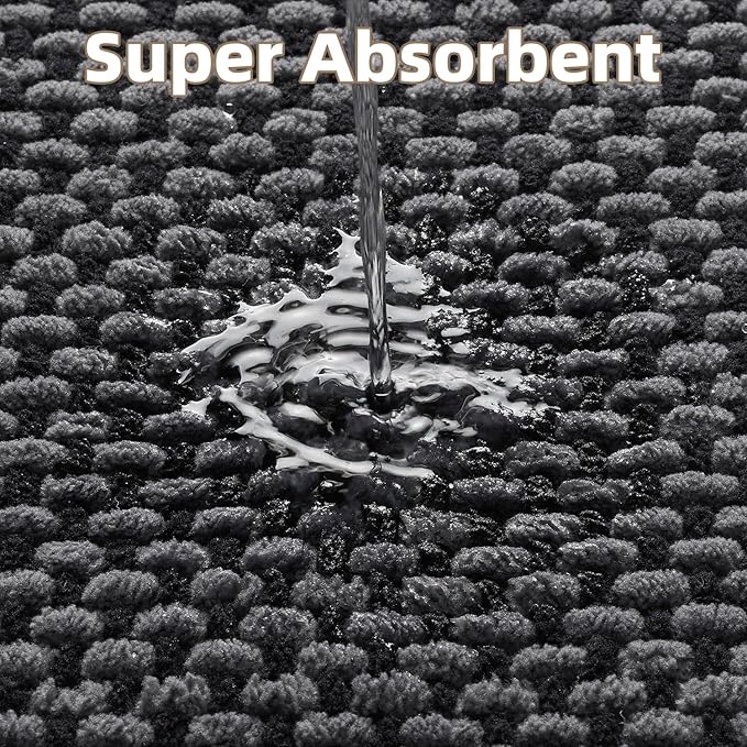 PADOOR-Bath Mat-Super Absorbent Chenille Bathroom Mats-Rubber Backed Bath Mats for Bathroom Non Slip, Easy Clean Bathroom Rugs Front of Bathtub,Shower Room,Sink-24×36, Darkgrey&Black