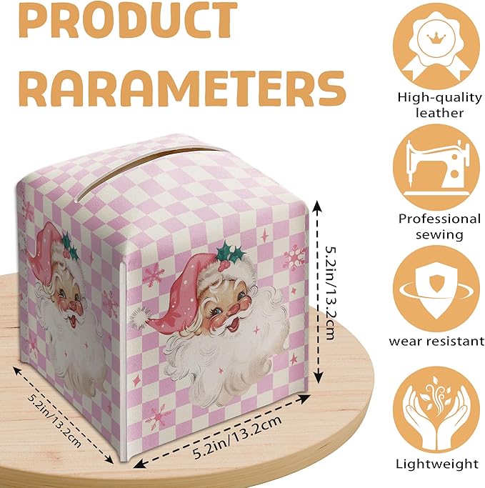 Merry Christmas Tissue Box Holder, Santa Claus Pink Checkered Leather Tissue Box Cover Square, Paper Facial Decorative Tissues Cover for Night Stands Bathroom Office Home Decor-B09