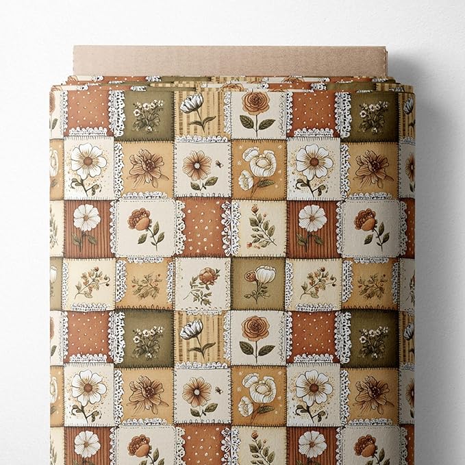 Autumn Lace Blossom Patchwork Cotton Fabric – Warm Beige & Brown Floral Patchwork Print Cotton 140 GSM, Panel 61 x 36.6 Inches, Pre-Cut Sewing Fabric Panel for Quilting, Crafts & Home Decor(USA Size)