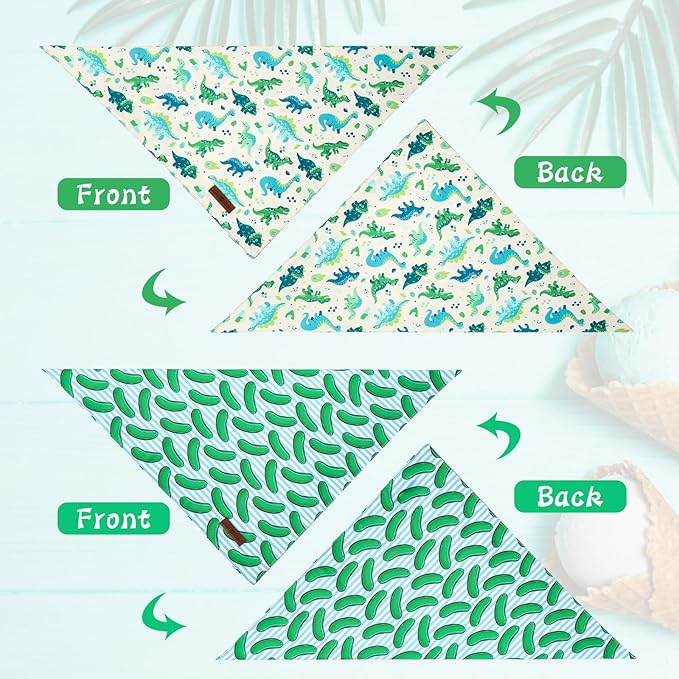 Lionet Paws Summer 2pcs Dog Bandanas, Dinosaur Dog Scarf Bib Premium Fabric, Cucumbers Blue Bandanas for Small Dogs Pets
