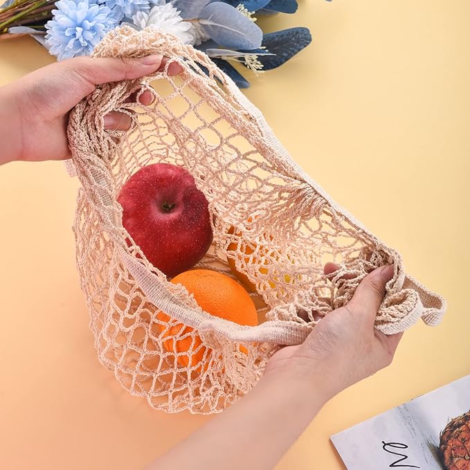 Eslazoer [2 pack] completely Cotton string storage shopping bags, Ecology Reusable and washable mesh grocery bag, Portable short handle net tote beige