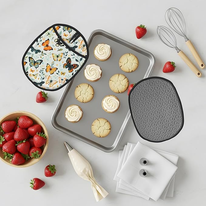 Pot Holders 2 Pack Silicone, Cotton Lining, Heat Resistant to 500°F (260°C), Non-Slip Grip, 7.5"x9.4" Oval Kitchen Hot Pads for Oven, Cooking (Butterflies, Potholders)