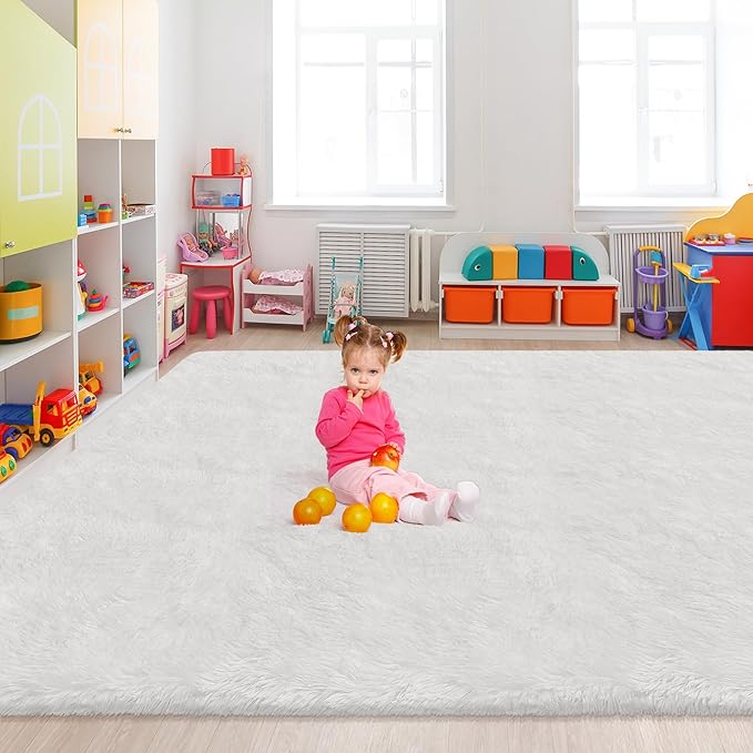 8x10 Area Rug for Living Room Soft White Fluffy Rug for Bedroom 8x10 Large Shaggy Carpet Fuzzy Modern Floor Decor Aesthetic, Nursery Playroom Plush Non-Slip Thick Rugs for Kids Girls Boys