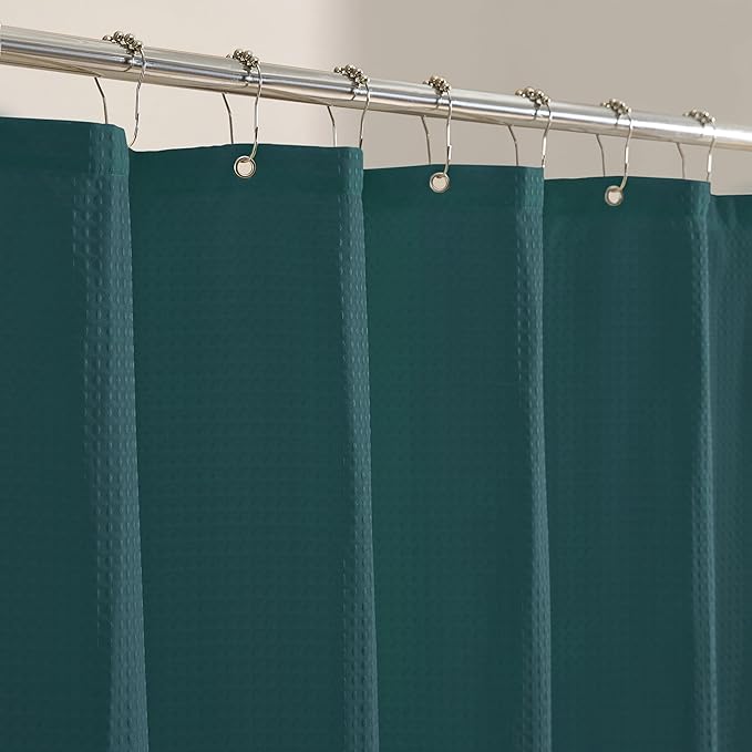 MONDAY MOOSE Scalloped Waffle Weave Shower Curtain with Rustproof Metal Grommet Holes for Bathroom, Machine Washable, Hooks Included (72x72 inch, Light Sage/Dark Teal)