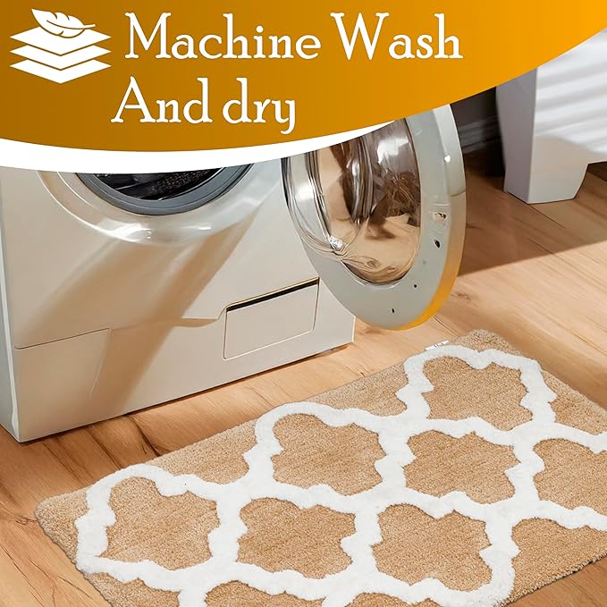 C23 Luxury Trellis Bath Rug Set of 2 (Beige & White) 20"x32" & 16"x24" | 2200 GSM Ultra-Thick High-Density Plush | Decorative Non-Slip Bathroom Mats | Hotel Quality, Machine Washable