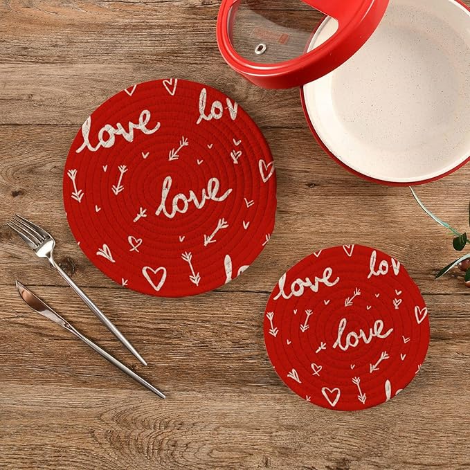 Valentine's Day Hearts Arrows Trivet Mat 2PCS Round Woven Potholders Kitchen Table Countertop Protector Hot Pads Farmhouse Coasters Counter Mats for Cooking Baking