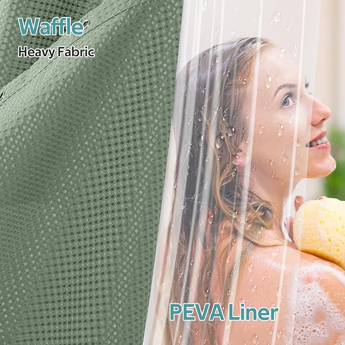 Vipfree 3 in 1 Shower Curtain Set, Waffle Shower Curtain and Liner Set with 6 Double Sided Shower Curtain Hooks, 258GSM Luxury Weighted Cloth Shower Curtains for Bathroom, 36 W x 72 H, Sage Green