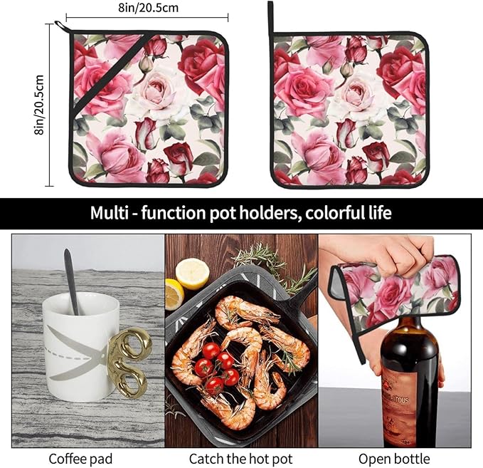 2-Pack Pink Rose Pot Holders for Kitchen Heat Resistant - Vintage Quilted Potholders for Kitchens - Washable Potholder for Cooking & Baking & Microwave