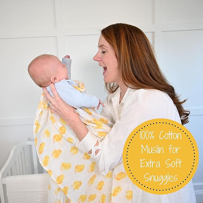 LollyBanks Swaddle Blanket for Boys and Girls, 100% Cotton Muslin Swaddle Blankets for Newborns, Large 47 x 47 Inches Soft and Breathable Receiving Blankets, Baby Essentials, Registry (Chick Print)