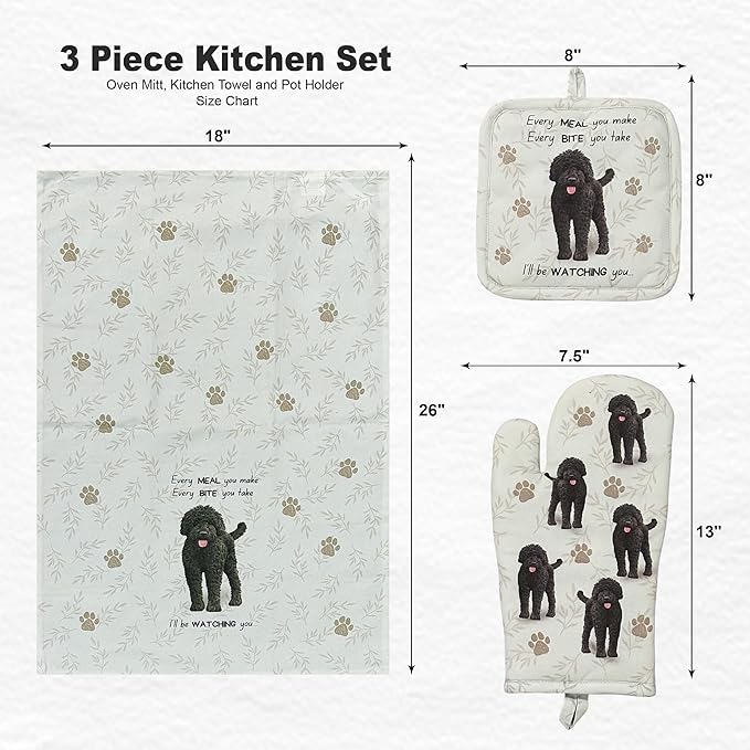 Labradoodle 3-Piece Kitchen Set - Oven Mitt, Pot Holder & Kitchen Towel Set, Heat Resistant up to 420 F, Soft Quilted Cotton for Cooking, Baking, BBQ, Pet Lover Gifts (Labradoodle)