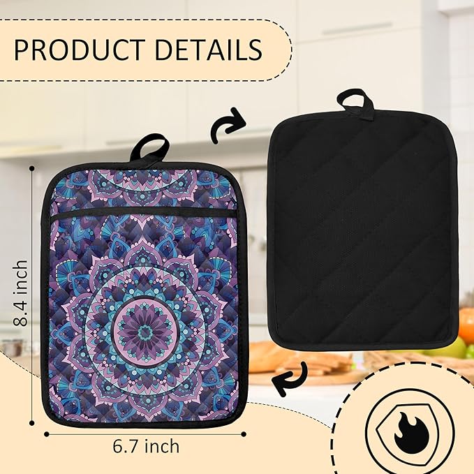 Boho Purple Blue Mandala Floral Pot Holders 2 Pack Set, Vintage Hinduism Spiritual Folk Lotus Flower Mandala Heat Resistant Oven Hot Pads for Kitchen Countertop Baking，073 Potholder
