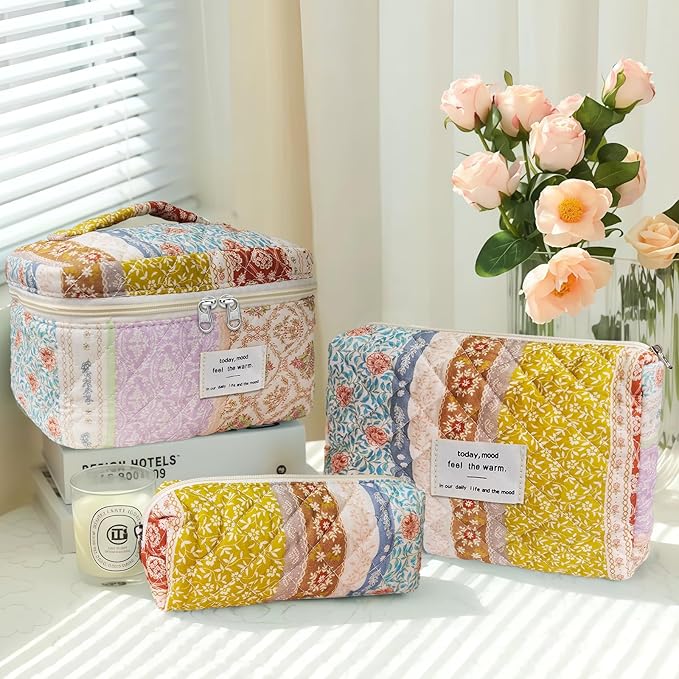 Cozomga Quilted Makeup Bag, Large Capacity Travel Cosmetic Bag for Women and Girls, Aesthetic Storage for Daily and Travel Use (3pcs-EthnicStyle)