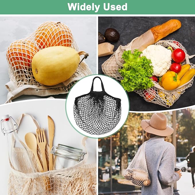 M METERXITY 1-Pack Cotton Mesh Bag, Reusable Washable Mesh Net String Grocery Bags, Reusable Produce Bags with Handle, Net Tote Bag for Fruits/Vegetables Shopping [Black, Short Handle]