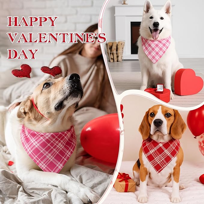 Abbylike 50 Pcs Valentines Day Plaid Dog Bandanas Bulk Pink Red Bandanas for Dogs Triangle Kerchief Bibs Scarf for Pet Romantic Costume Photo Props Accessories Pet Shops Groomers (31.5 x 21.7 x 21.7)