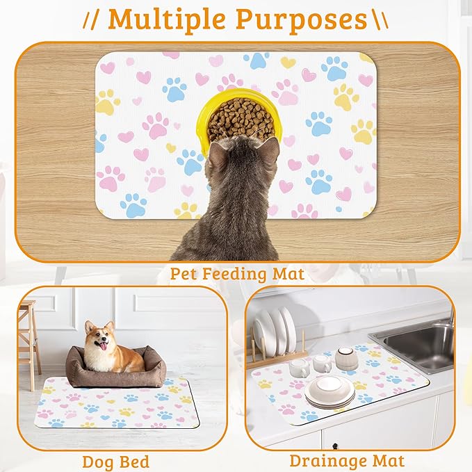 Dog Bowl Mat,Colorful Dog Paws Pet Feeding Mat for Floors Waterproof,Animal Absorbent Dogs Placemat for Food and Water Quick Dry Pet Cat Feeding Mats with Non Slip Bottom 12" x 20"