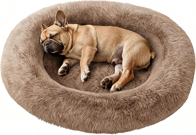 Cozzze Medium Sized Orthopedic Dog Beds, Donut Calming Pet Beds with Comfort Foam Support, Fluffy Non-Slip Couch for Dog and Cat, with Washable and Indestructible Cover, 32 Inches, Beige