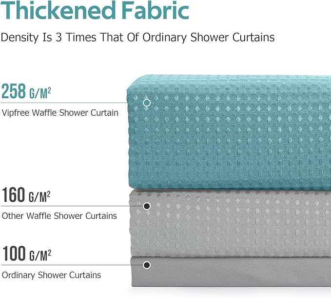 Vipfree 3 in 1 Shower Curtain Set, Waffle Shower Curtain and Liner Set with 12 Double Sided Shower Curtain Hooks, 258GSM Luxury Weighted Cloth Shower Curtains for Bathroom, 72 W x 72 H, Teal