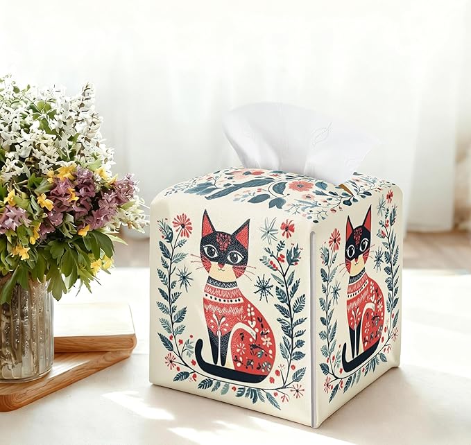 Cat Tissue Box Holder, Nordic Cat Leather Tissue Box Cover Square, Paper Napkins Everyday Dispenser Accessories for Bathroom Vanity Countertop Night Stands Kitchen Office Car Home Decor