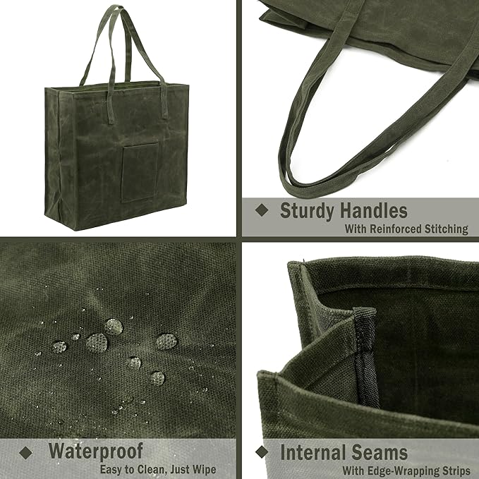 Kaaltisy Waxed Canvas Reusable Grocery Bag Heavy Duty Waterproof Shopping Bag Well Self-standing Sturdy Farmers Market Bag, Wide, Hard Handfeel