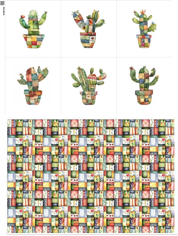 Patchwork Cactus Cotton Fabric Panel – Six 10×10 inch Designs + Bonus 29.5×19.6 inch Patchwork Sheet, 100% Turkish Cotton 140 GSM