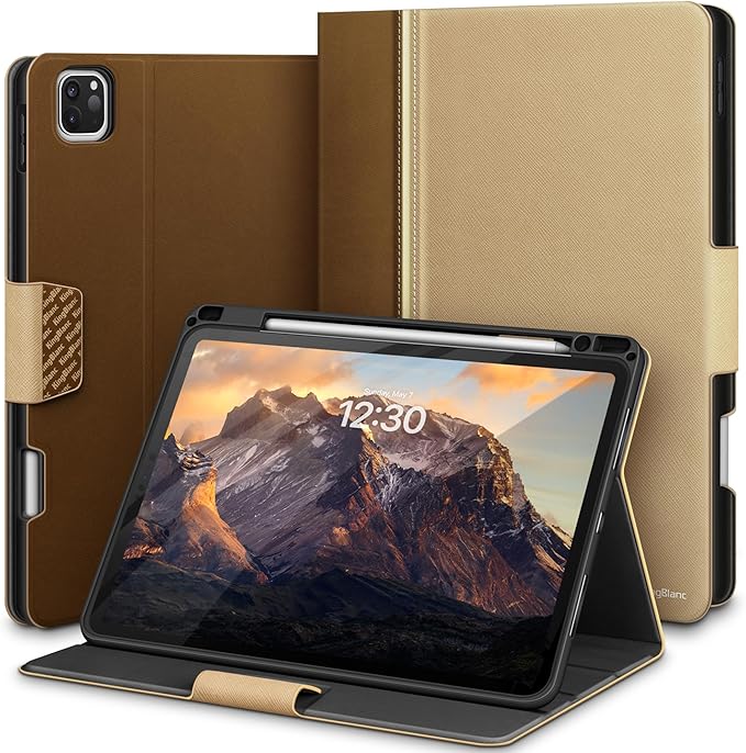 KingBlanc Case for iPad Pro 11 inch 4th/3rd/2nd/1st Generation (2022/2021/2020/2018) with Pencil Holder, PU Leather Protective Stand Folio, Auto Sleep/Wake, Multi-Angles for Viewing/Typing, Beige