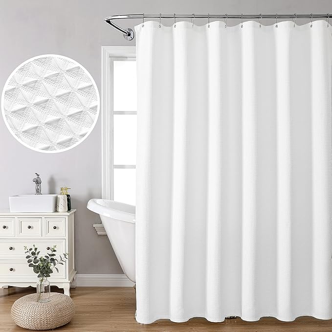 MISS SELECTEX Matt Waffle White Shower Curtain for Bathroom, Waterproof 230 GSM Heavy Duty Durable Fabric Hotel Shower Curtain,Machine Washable Thick Cloth Shower Curtains(72Wx72H, White)
