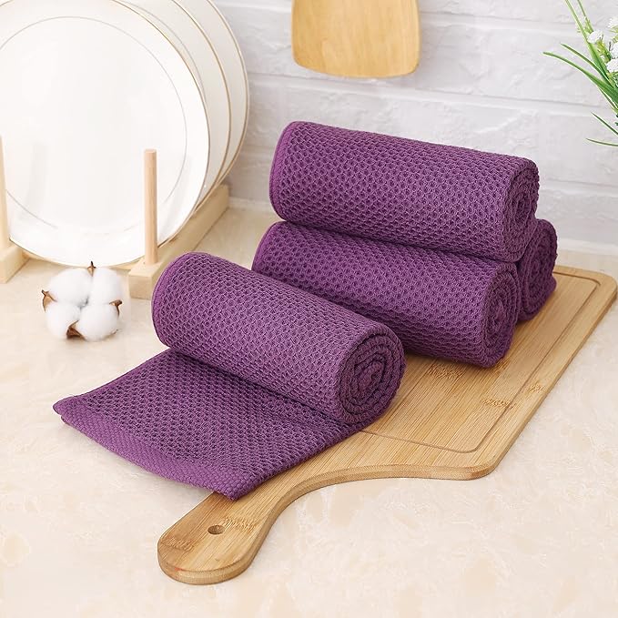 Kitinjoy 100% Cotton Waffle Weave Kitchen Towels, 4-Pack Super Soft and Absorbent Dish Towels for Drying Dishes, Kitchen Hand Towels, 13 in x 28 in, Violet
