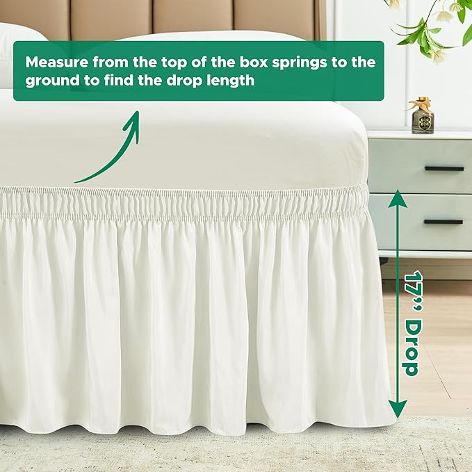 Biscaynebay Wrap Around Bed Skirts for King & Cal King Beds 17" Long Drop, Ivory Adjustable Elastic Dust Ruffles Easy Fit Wrinkle & Fade Resistant Silky Luxurious Fabric Solid Machine Washable