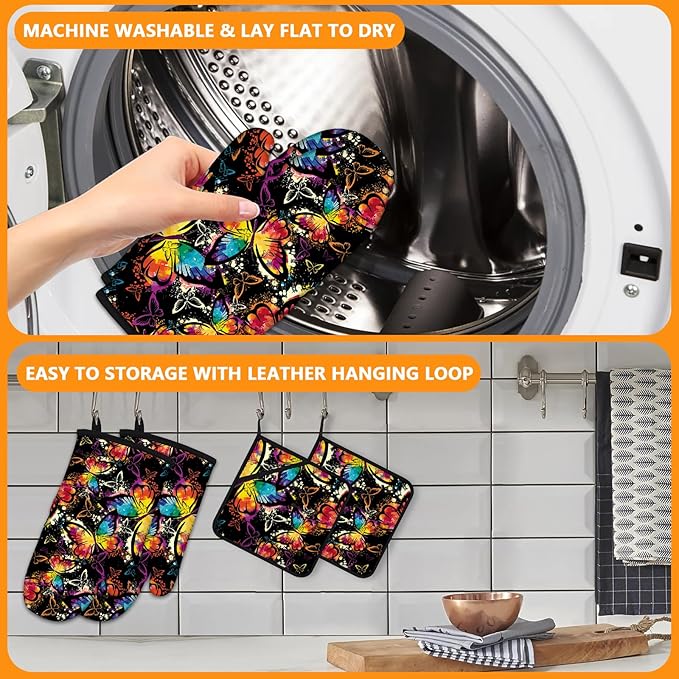 Colorful Butterfly Oven Mitts and Pot Holders Sets 4Pcs,Extra Long Oven Gloves Potholder for Kitchen Cooking Baking BBQ 100% Cotton Heat Resistant
