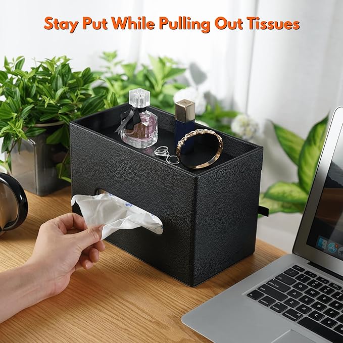 LAMOTI Rectangular Tissue Box Cover with Storage Tray, Leather Facial Tissue Box Holder for Bathroom, Office Table, Countertop, Night Stand & More (Black)