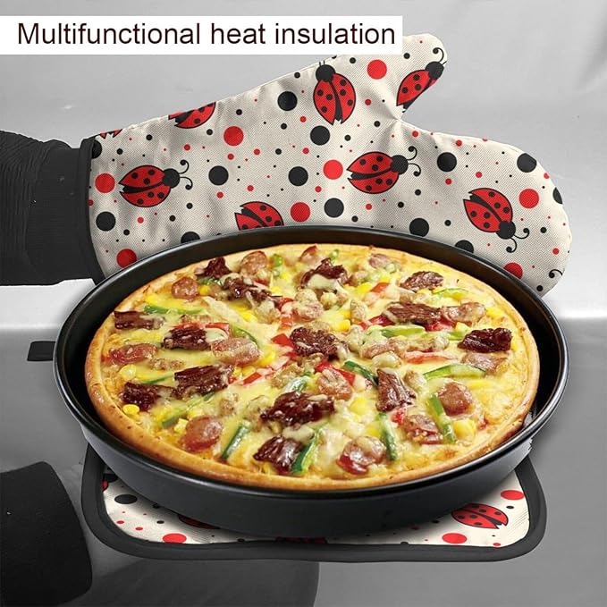 Ladybugs Oven Mitts and Pot Holders Insulated Gloves & Kitchen Counter Safe Mats for Cooking BBQ Baking Grilling (2-Piece Set)