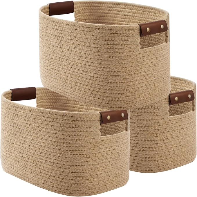 ECDYQXVU Cotton Rope Basket, Storage Baskets with Handle, 15x10x9 Inch Woven Basket for Shelves, Laundry, Towels, Clothes, Books (Jute/Brown 3Pack)