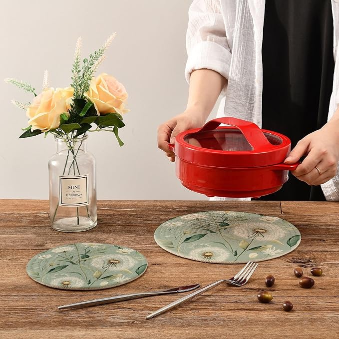 Sage Green Dandelions Trivets for Hot Dishes Pots and Pans Potholders Woven Trivet Cotton Round Large Pot Holder Decor Heat Resistant Hot Pads Mat for Table Counter Cooking Potholder Set of 2 (