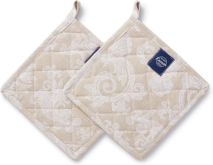 Pot Holders for Kitchen | Heat Resistant Pads | Set of 2 | Hot Dish Holder Sets | 8x8 in |for Cooking, Baking, Grilling, Microwave & BBQ, Chambray Beige by Encasa XO
