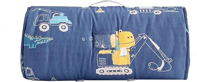 Cotton Toddler Nap Mat for Boys,Roll Up Slumber Bags Dinosaur Pattern,Toddler Nap Mat with Removable Pillow and Blanket, Kids Sleeping Mat for Daycare,Preschool and Kindergarten-Navy Blue ﻿